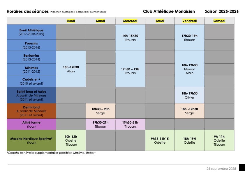Horaires des séances 2025 2026